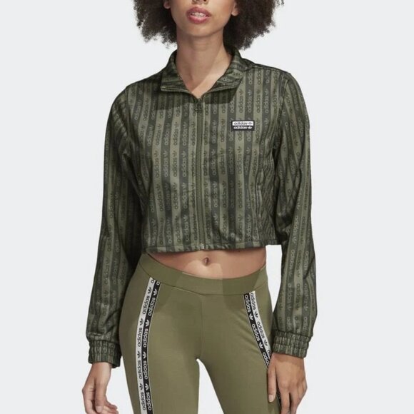 ADIDAS Originals Green and Black Brand Logo Striped Crop Track Top Size M | NWOT - Picture 1 of 4